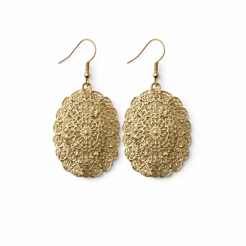 Gold Filigree Dangle Earrings Vintage Lace Statement Fishhook‎